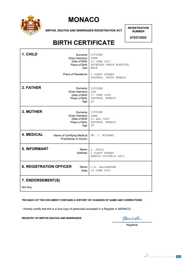 Download Monaco vital record birth certificate Word and PDF template Photoshop template